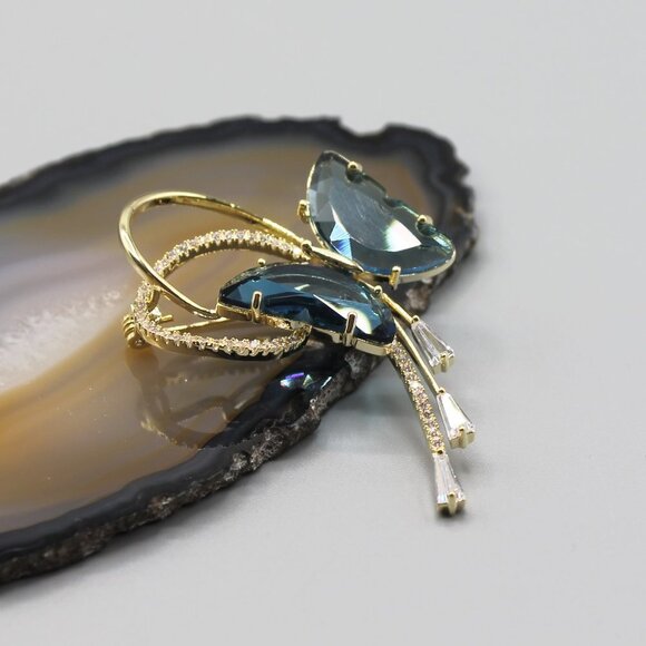 Butterfly pin brooch jewelry blue gold crystal - Picture 4 of 12